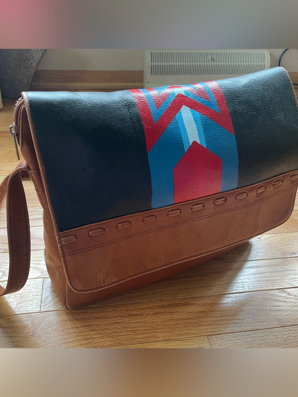 Vintage Leather Messenger Bag Hand Painted Pendleton Inspired Design